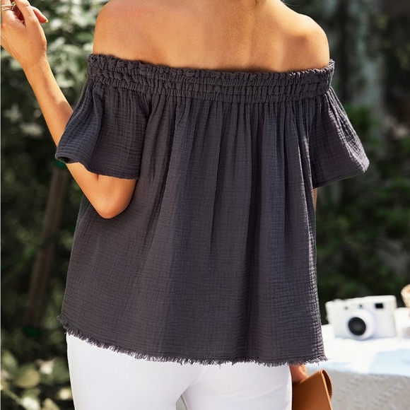 Off-Shoulder Short Sleeve Blouse Soft Cotton - Picture 5 of 13